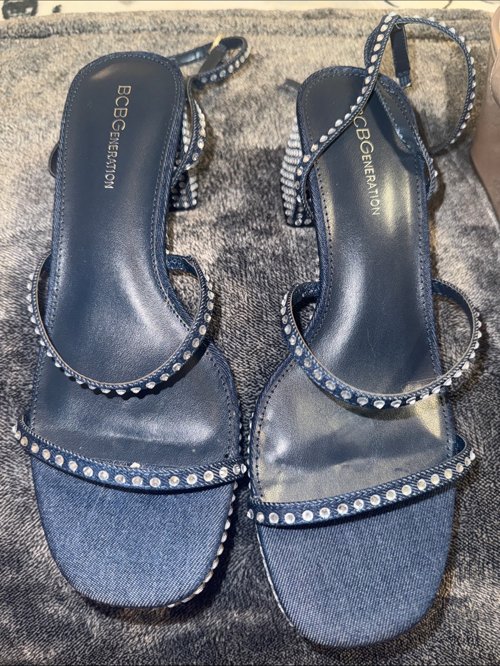BCBGeneration Navy Jeweled Strap Heels